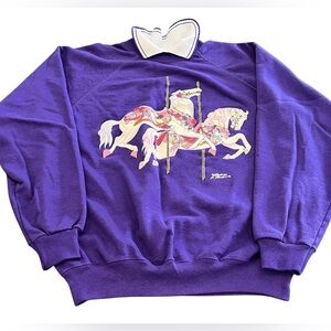 VTG Morning Sun Collared Sweatshirt XL Whimsical Carousel Horses Grannycore EUC
